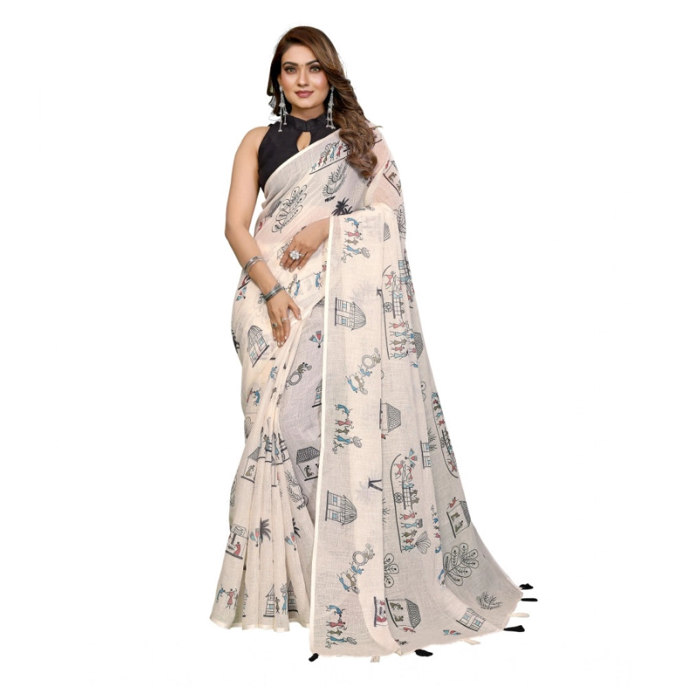 Vaystra Linen Cotton Printed Saree With Unstitched Blouse 5.5Mtr – Off White