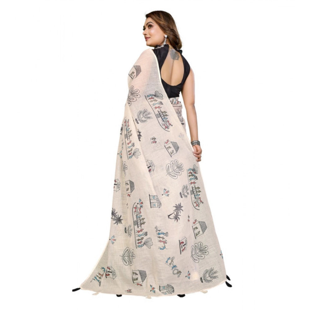 Vaystra Linen Cotton Printed Saree With Unstitched Blouse 5.5Mtr – Off White