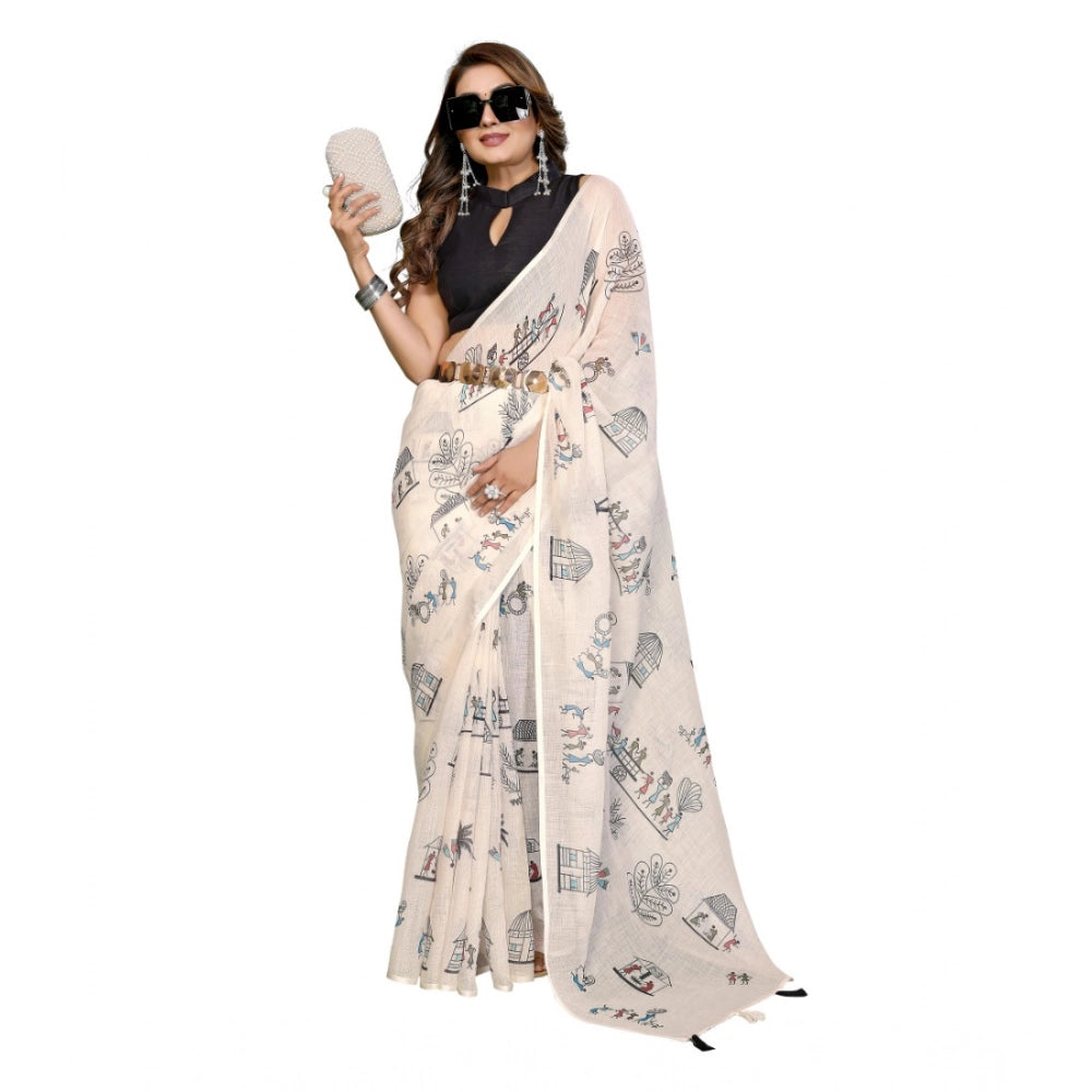 Vaystra Linen Cotton Printed Saree With Unstitched Blouse 5.5Mtr – Off White
