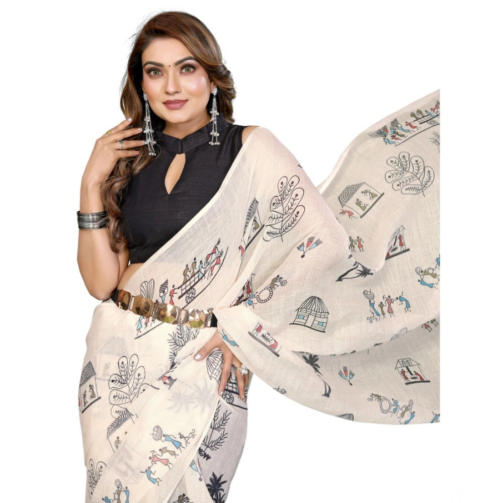 Vaystra Linen Cotton Printed Saree With Unstitched Blouse 5.5Mtr – Off White