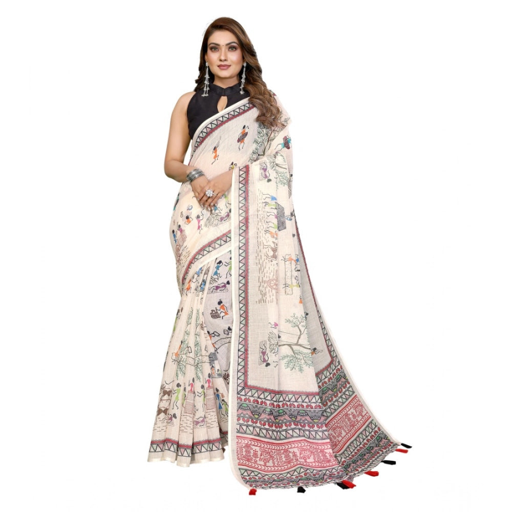 Vaystra Linen Cotton Printed Saree With Unstitched Blouse 5.5Mtr – Off White