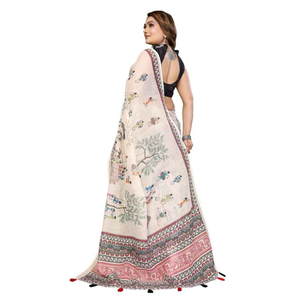 Vaystra Linen Cotton Printed Saree With Unstitched Blouse 5.5Mtr – Off White