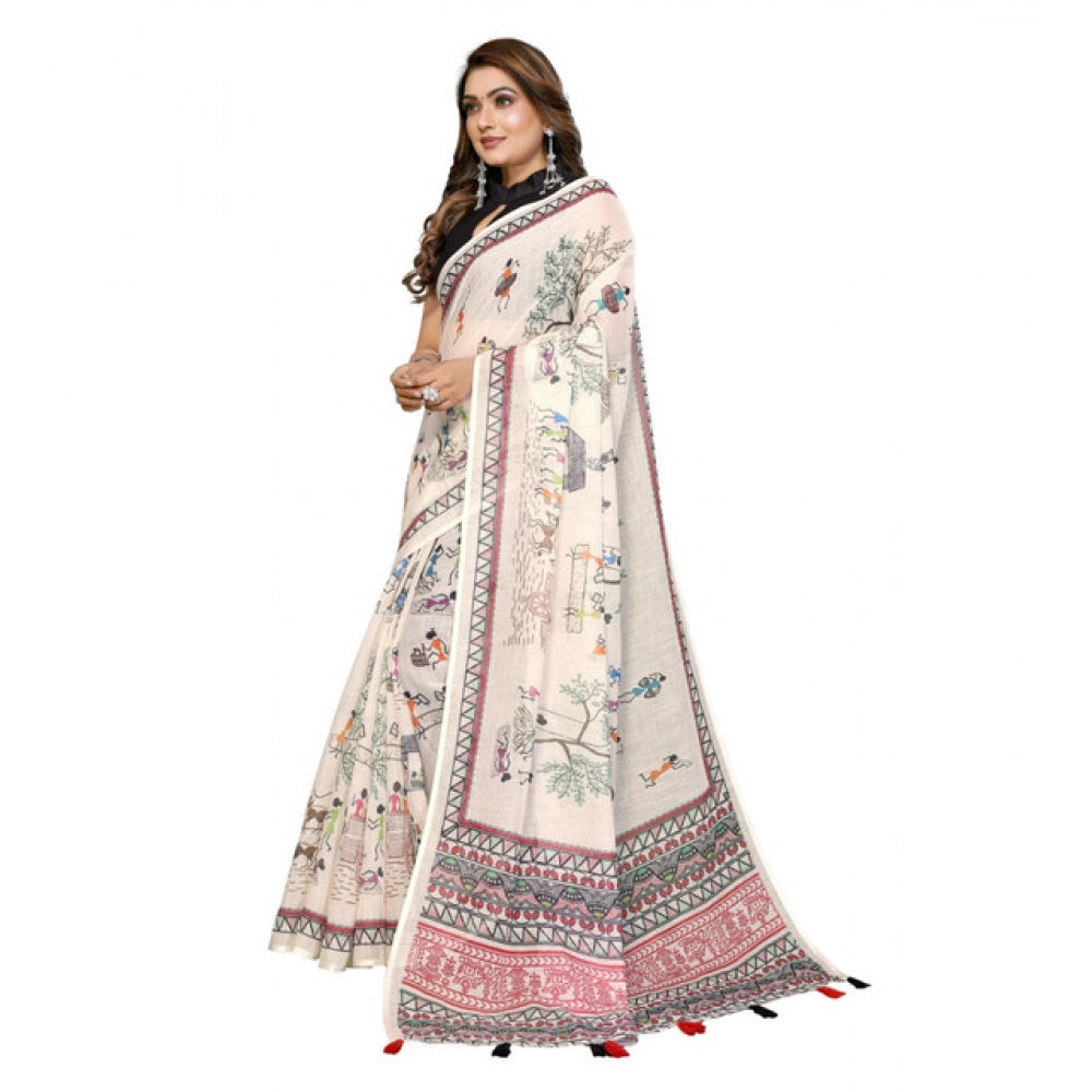 Vaystra Linen Cotton Printed Saree With Unstitched Blouse 5.5Mtr – Off White
