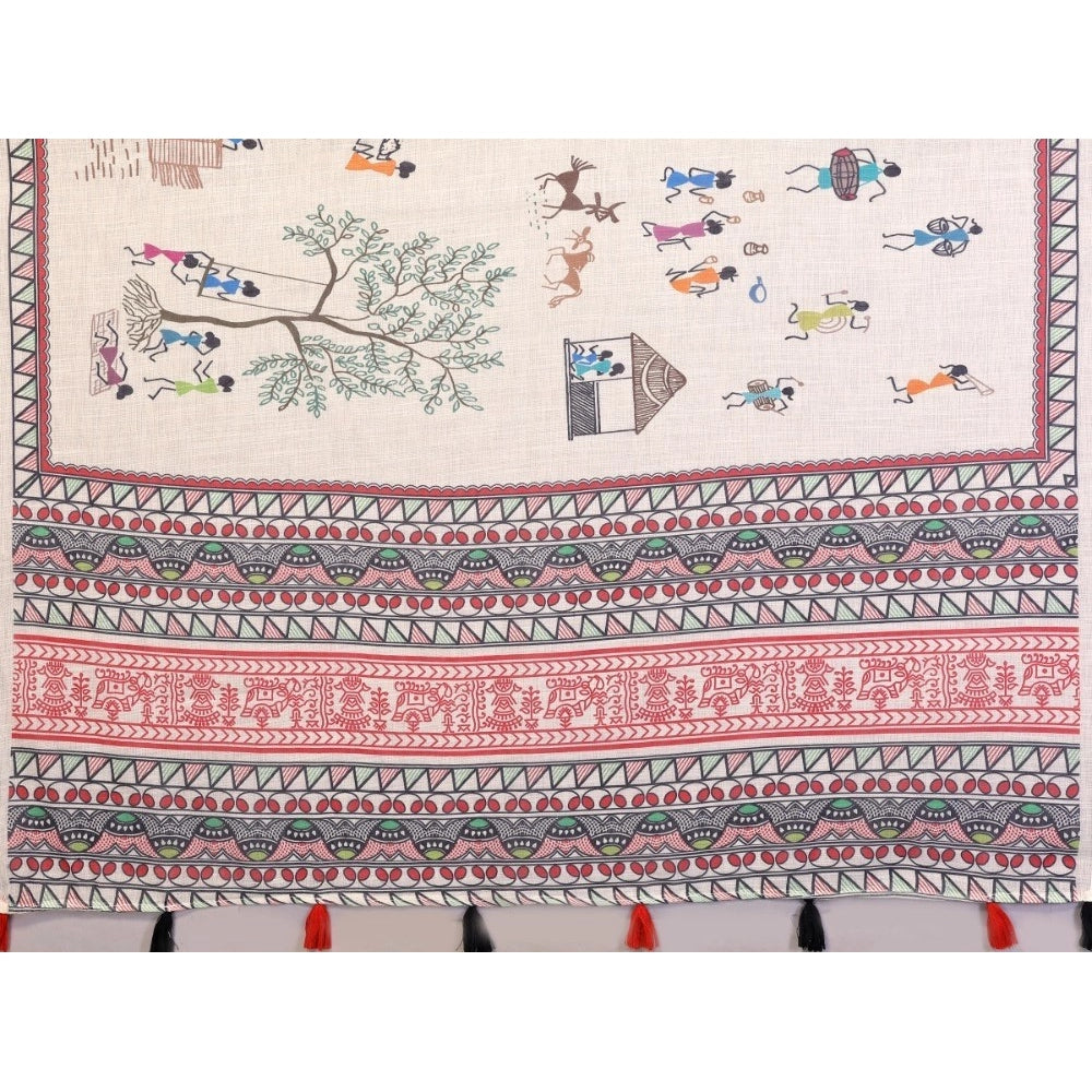 Vaystra Linen Cotton Printed Saree With Unstitched Blouse 5.5Mtr – Off White