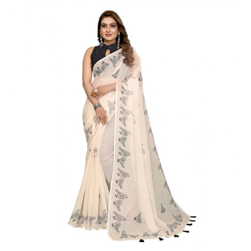 Vaystra Linen Cotton Printed Saree With Unstitched Blouse 5.5Mtr – Off White