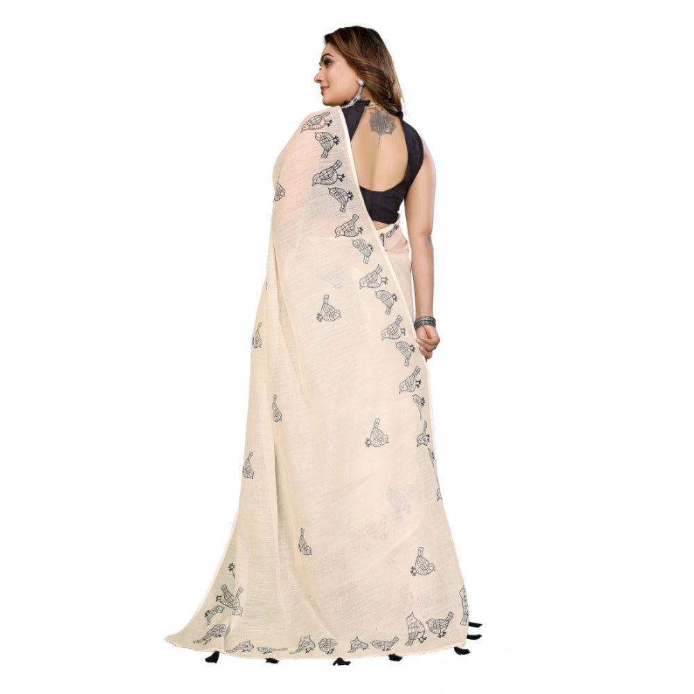 Vaystra Linen Cotton Printed Saree With Unstitched Blouse 5.5Mtr – Off White