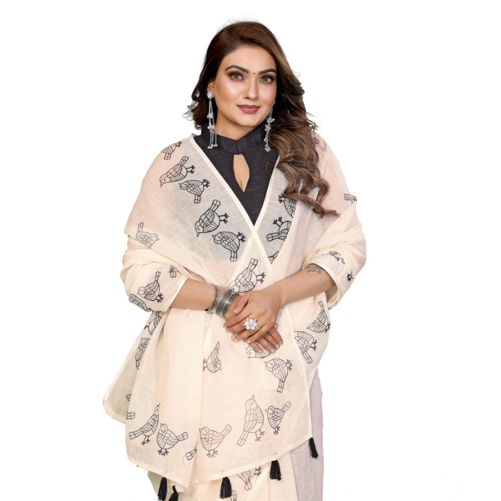 Vaystra Linen Cotton Printed Saree With Unstitched Blouse 5.5Mtr – Off White
