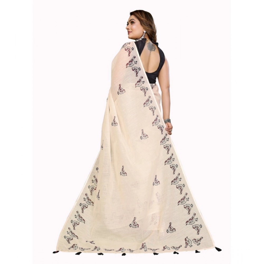 Vaystra Linen Cotton Printed Saree With Unstitched Blouse 5.5Mtr – Off White