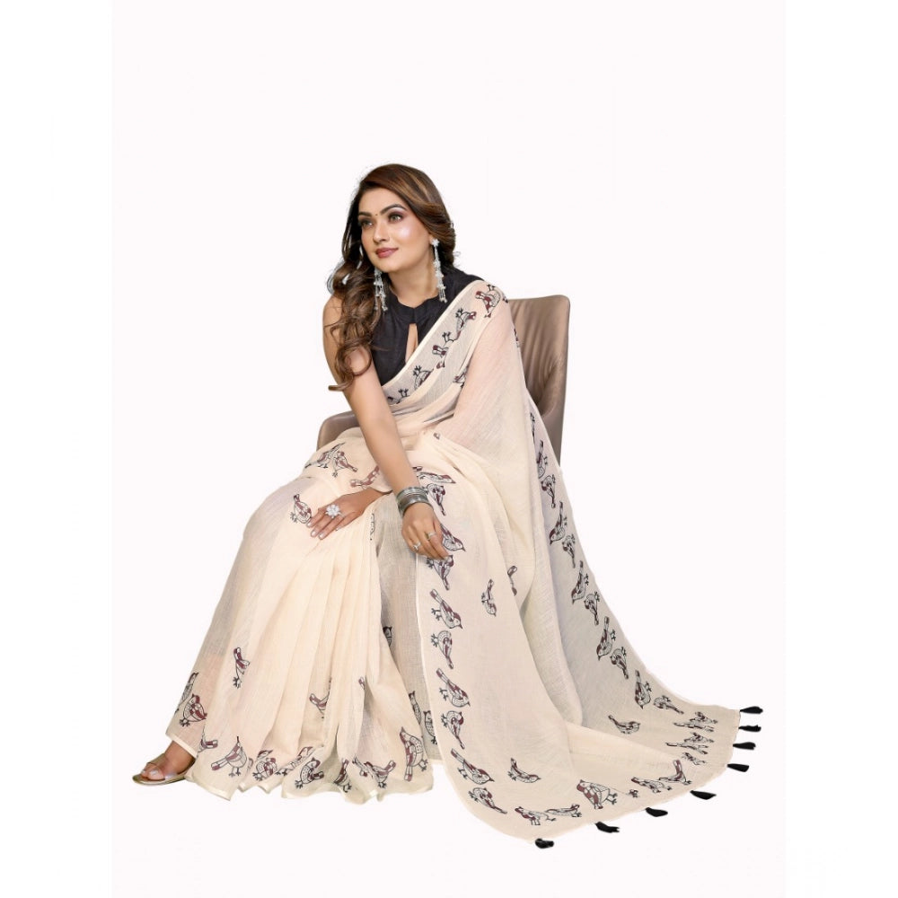 Vaystra Linen Cotton Printed Saree With Unstitched Blouse 5.5Mtr – Off White