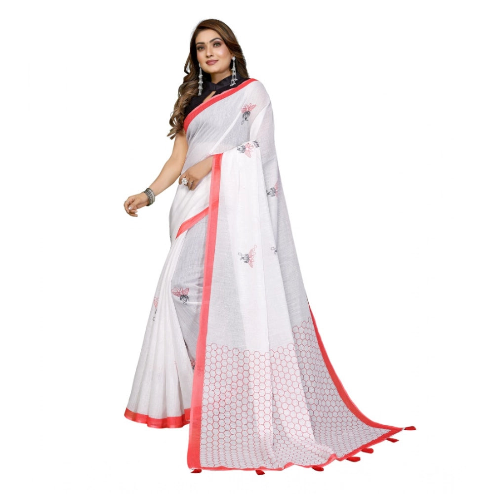 Vaystra Linen Cotton Printed Saree With Unstitched Blouse 5.5Mtr – White
