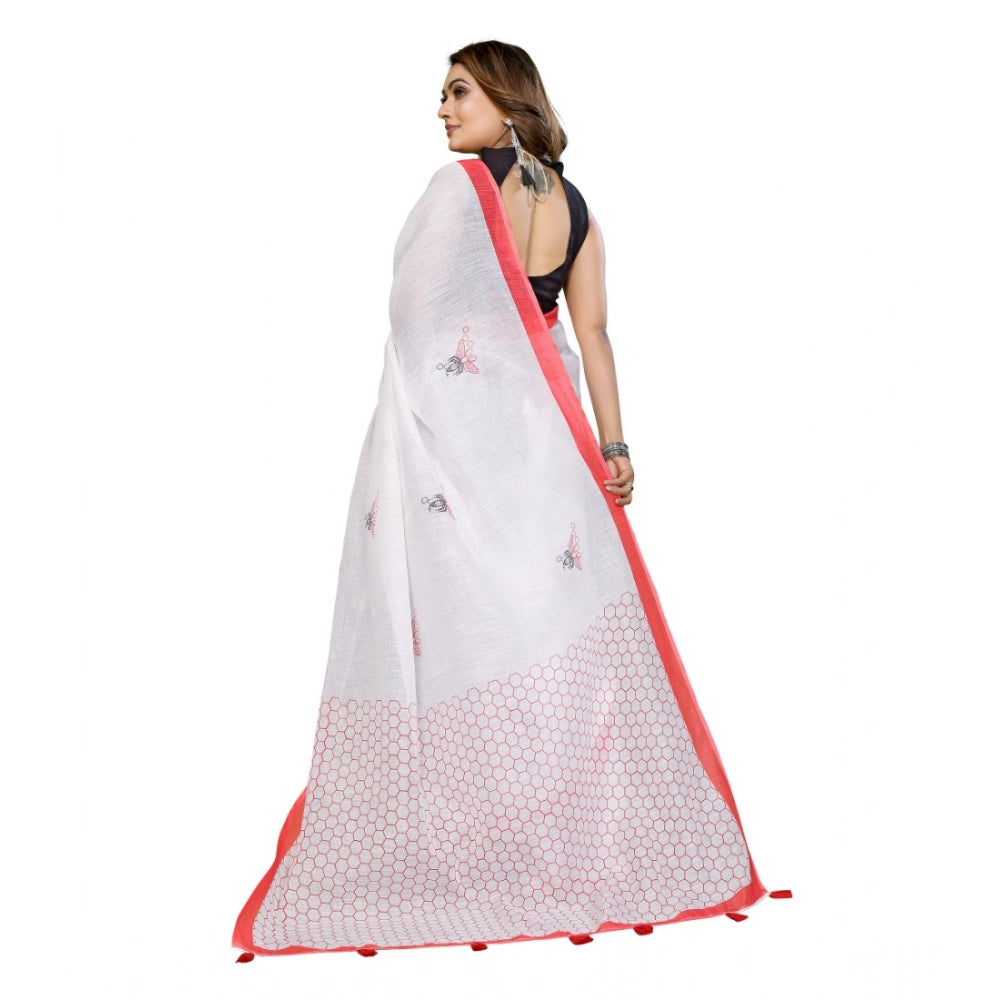 Vaystra Linen Cotton Printed Saree With Unstitched Blouse 5.5Mtr – White