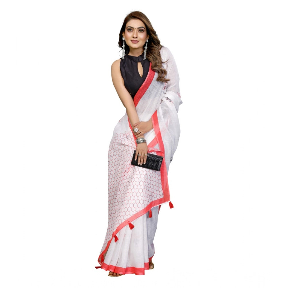 Vaystra Linen Cotton Printed Saree With Unstitched Blouse 5.5Mtr – White