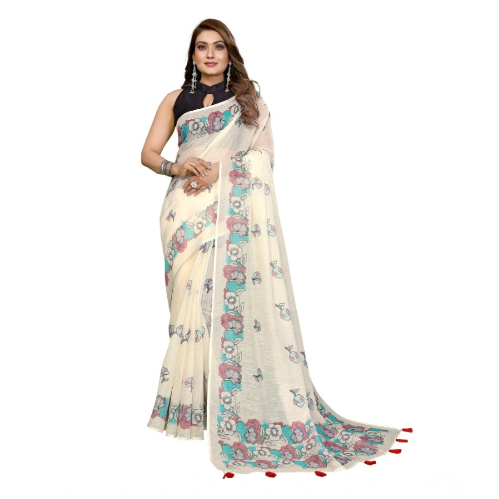 Vaystra Linen Cotton Printed Saree With Unstitched Blouse 5.5Mtr – Off White