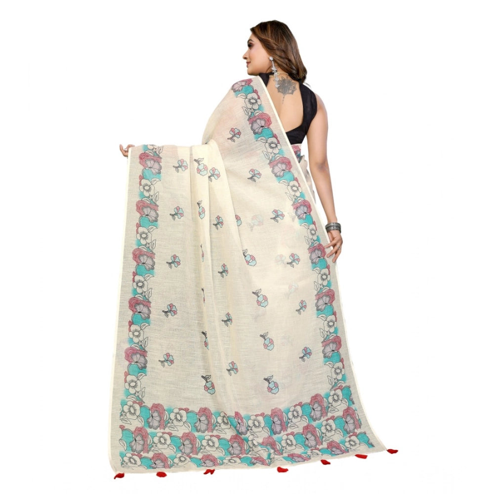 Vaystra Linen Cotton Printed Saree With Unstitched Blouse 5.5Mtr – Off White