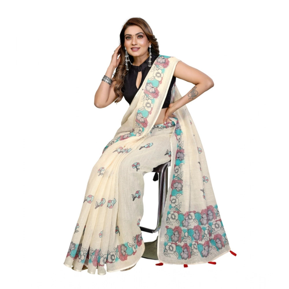Vaystra Linen Cotton Printed Saree With Unstitched Blouse 5.5Mtr – Off White