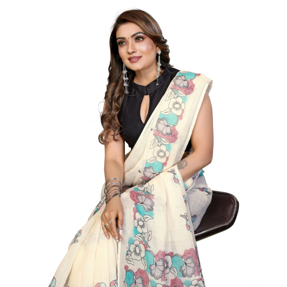 Vaystra Linen Cotton Printed Saree With Unstitched Blouse 5.5Mtr – Off White