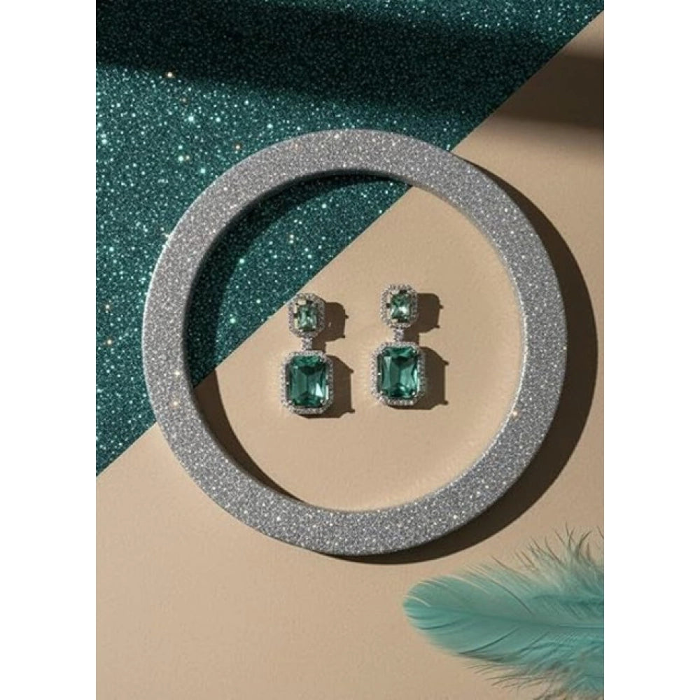 Vaystra Brass Silver Plated Drop Earrings - Green,