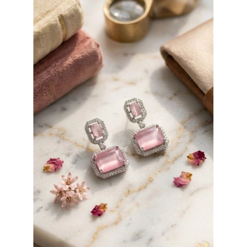 Vaystra Handcrafted Brass Silver Plated Drop Earrings - Pink, Edition