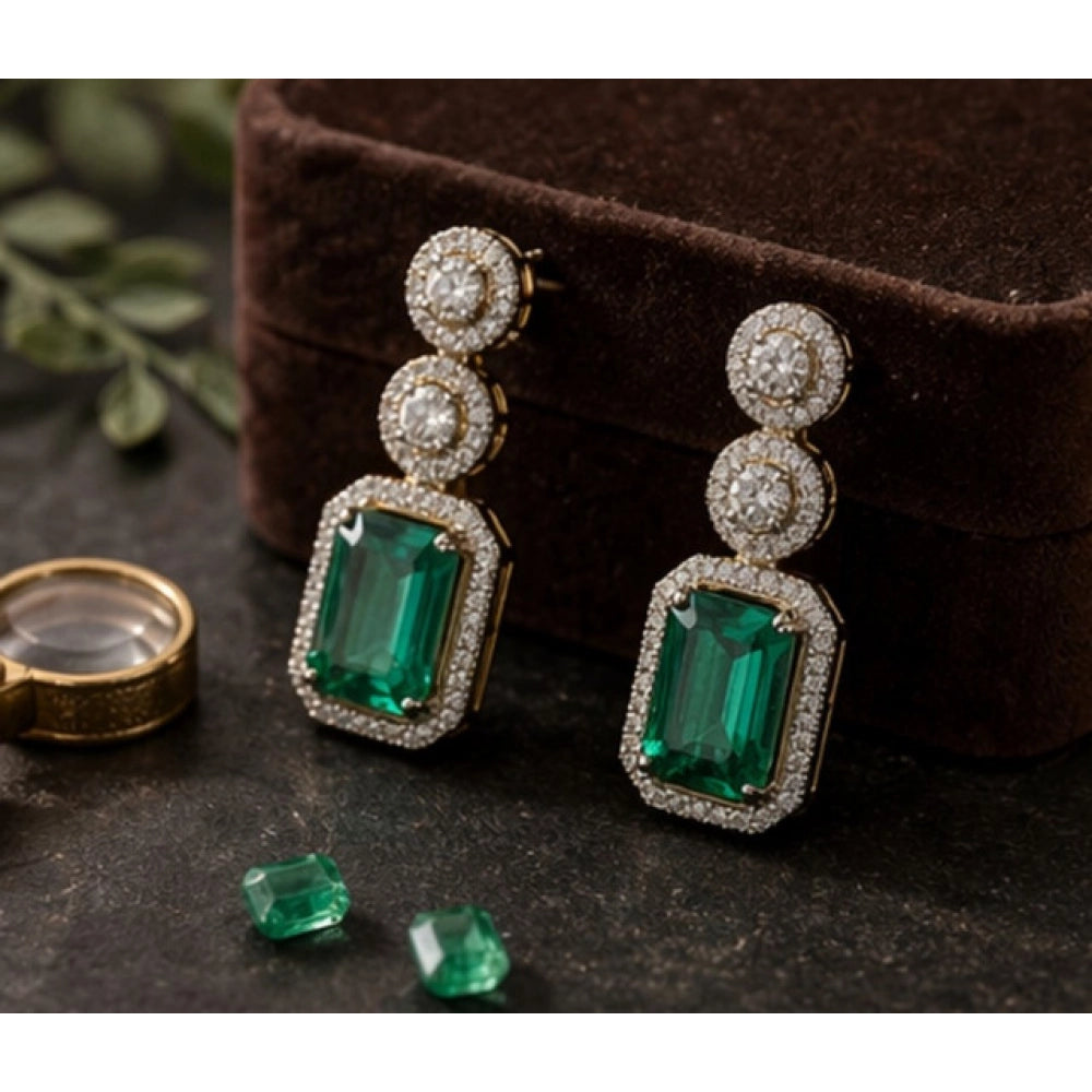 Vaystra Handcrafted Brass Silver Plated Drop Earrings - Green, Edition