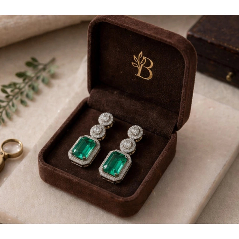 Vaystra Handcrafted Brass Silver Plated Drop Earrings - Green, Edition