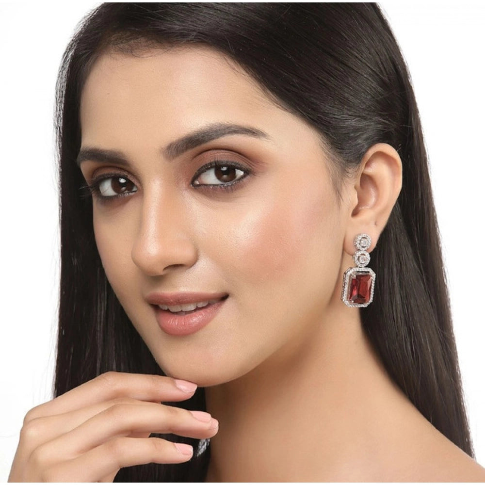 Vaystra Brass Silver Plated Drop Earrings - Red,