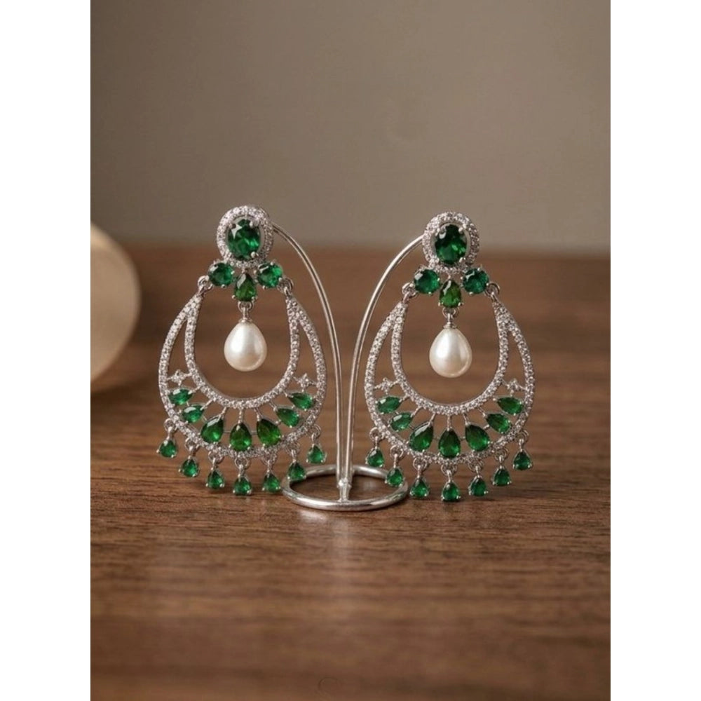 Vaystra Brass Silver Plated Chandbali Earrings - Green,