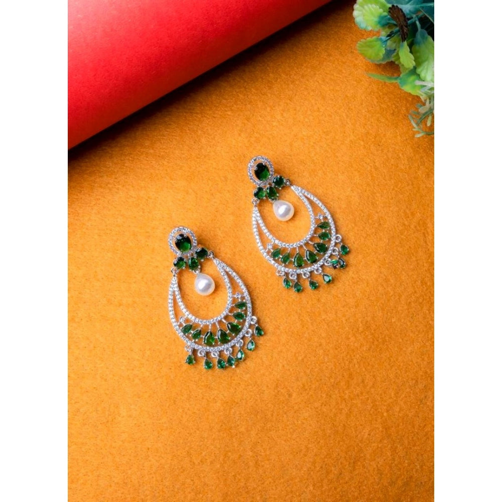 Vaystra Brass Silver Plated Chandbali Earrings - Green,