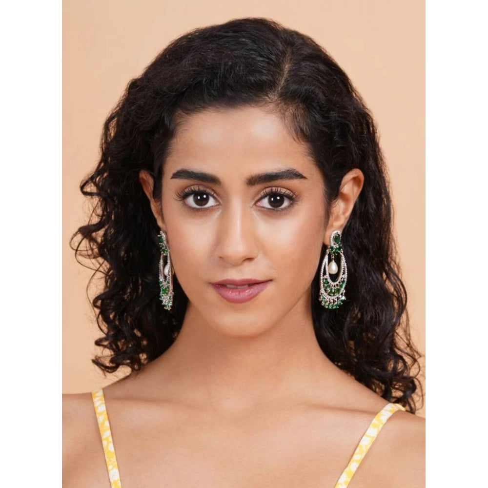 Vaystra Brass Silver Plated Chandbali Earrings - Green,