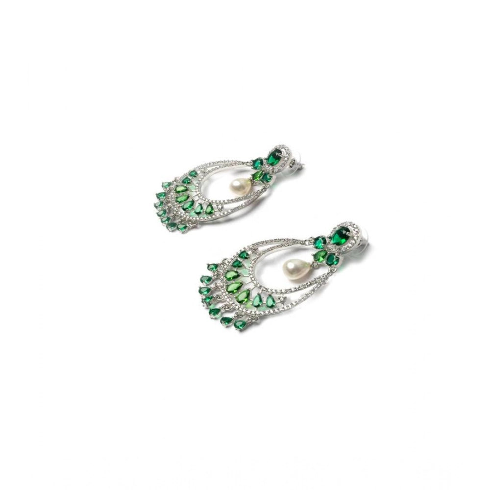 Vaystra Brass Silver Plated Chandbali Earrings - Green,