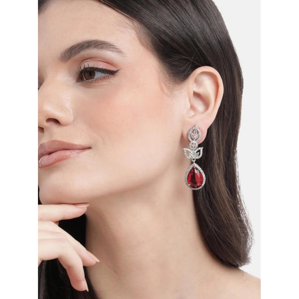 Vaystra Handcrafted Brass Silver Plated Drop Earrings - Red, Edition