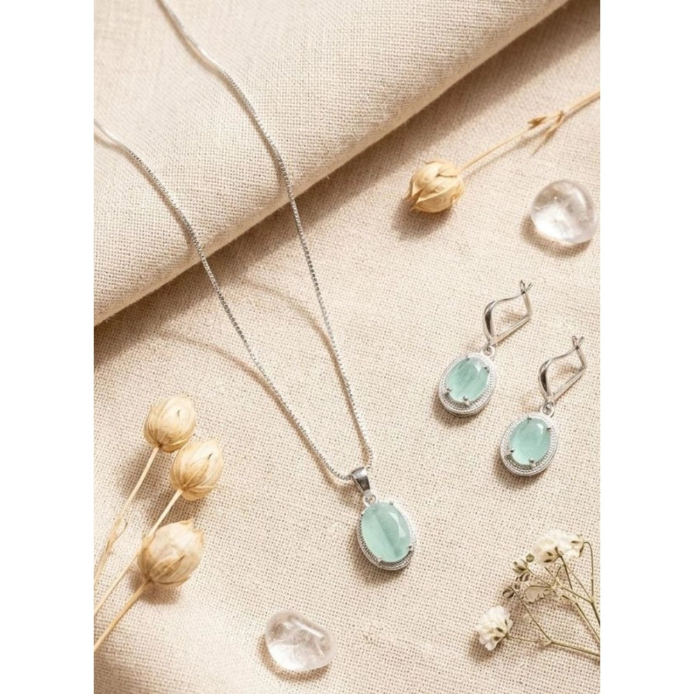 Vaystra Handcrafted Brass Silver Plated Pendant Set - Turquoise, Edition