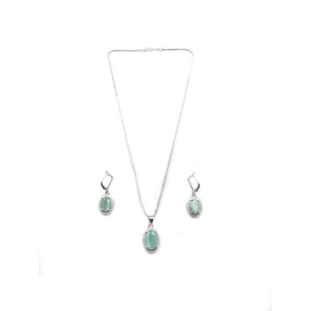 Vaystra Handcrafted Brass Silver Plated Pendant Set - Turquoise, Edition