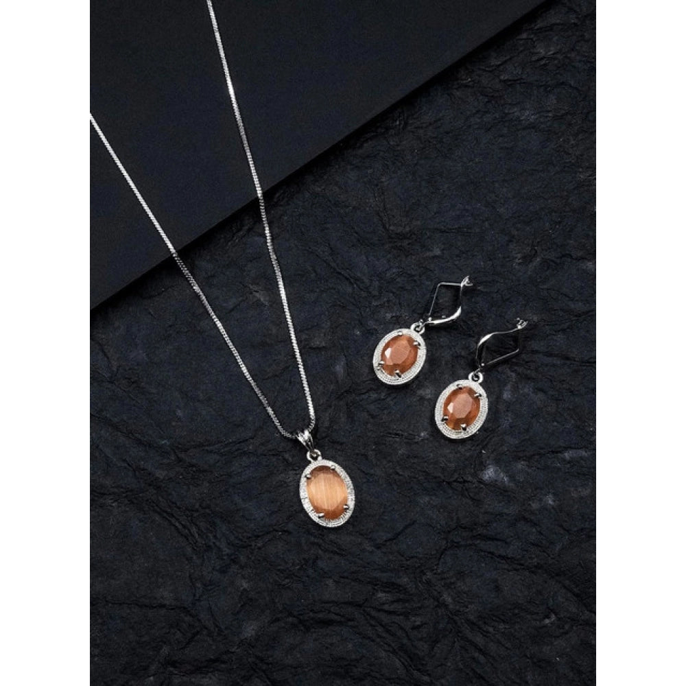 Vaystra Brass Silver Plated Pendant Set - Orange,