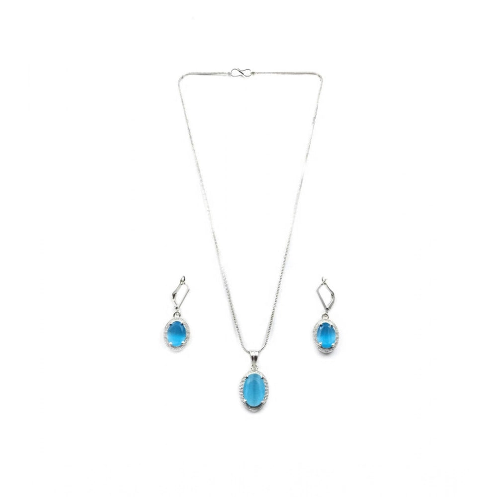 Vaystra Brass Silver Plated Pendant Set - Blue,