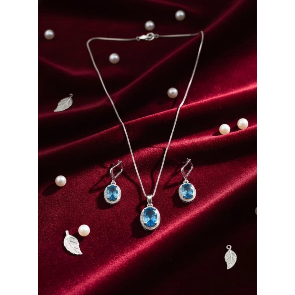 Vaystra Brass Silver Plated Pendant Set - Blue,