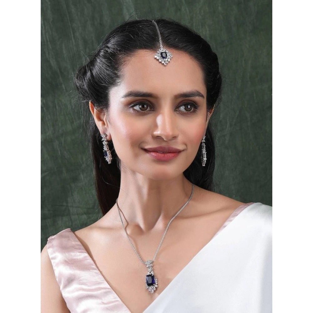Vaystra Brass Silver Plated Pendant Set - Blue,