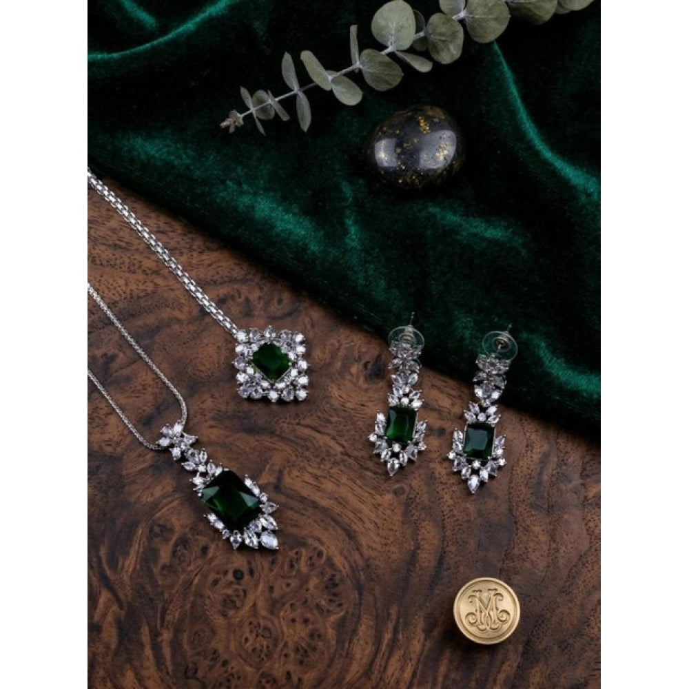 Vaystra Brass Silver Plated Pendant Set - Green,