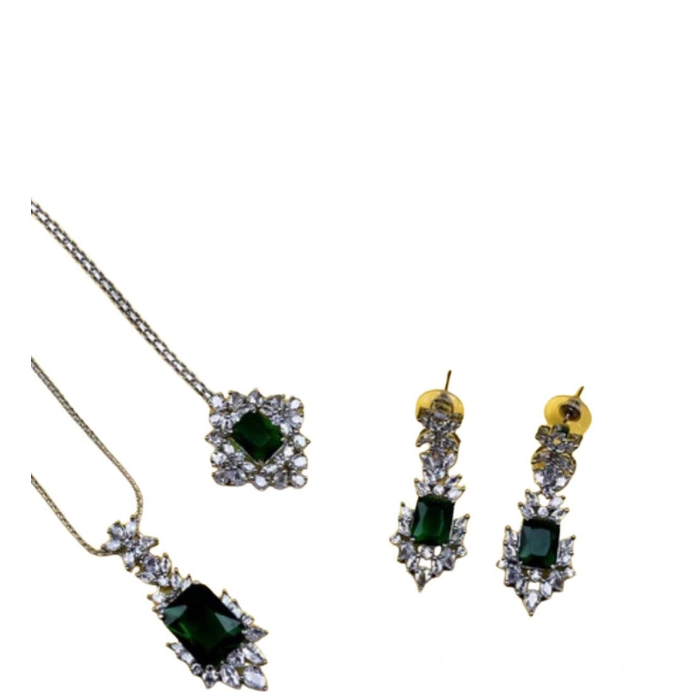 Vaystra Brass Silver Plated Pendant Set - Green,