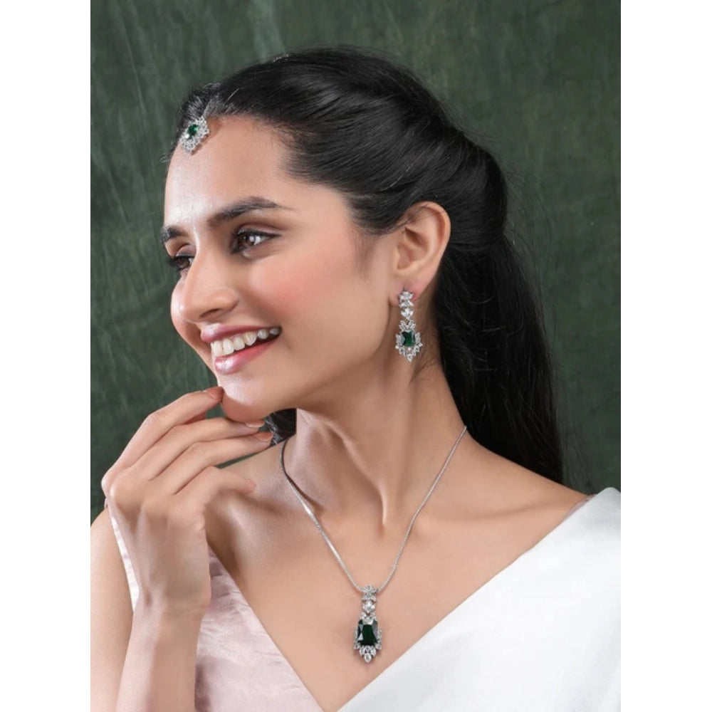 Vaystra Brass Silver Plated Pendant Set - Green,