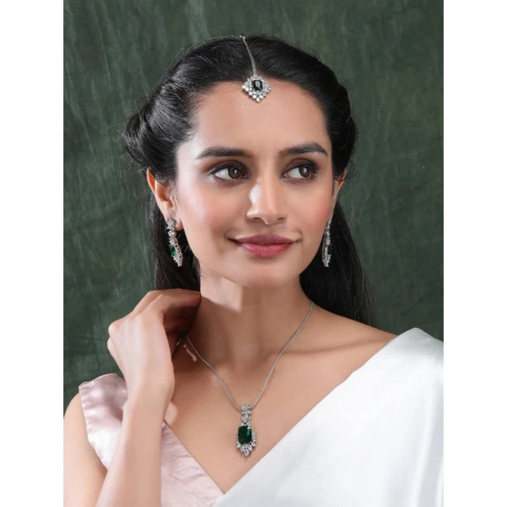 Vaystra Brass Silver Plated Pendant Set - Green,