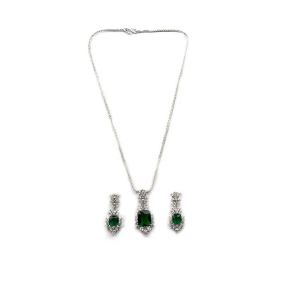 Vaystra Brass Silver Plated Pendant Set - Green,