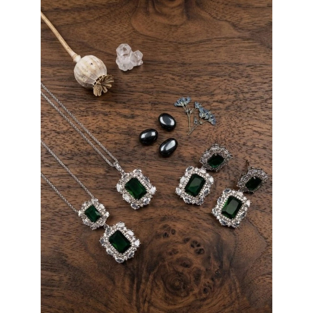 Vaystra Brass Silver Plated Pendant Set - Green,