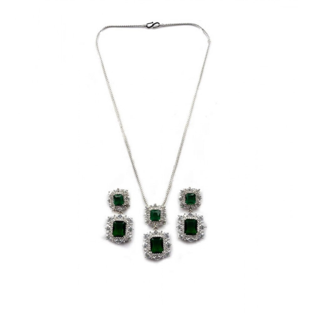 Vaystra Brass Silver Plated Pendant Set - Green,