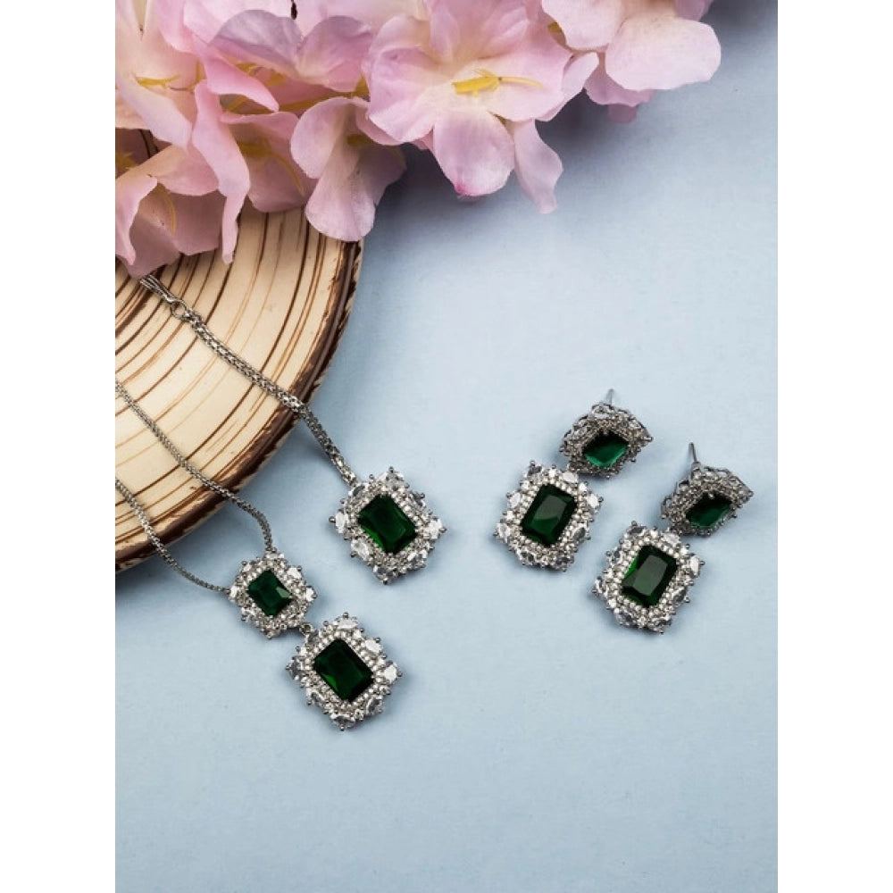 Vaystra Brass Silver Plated Pendant Set - Green,