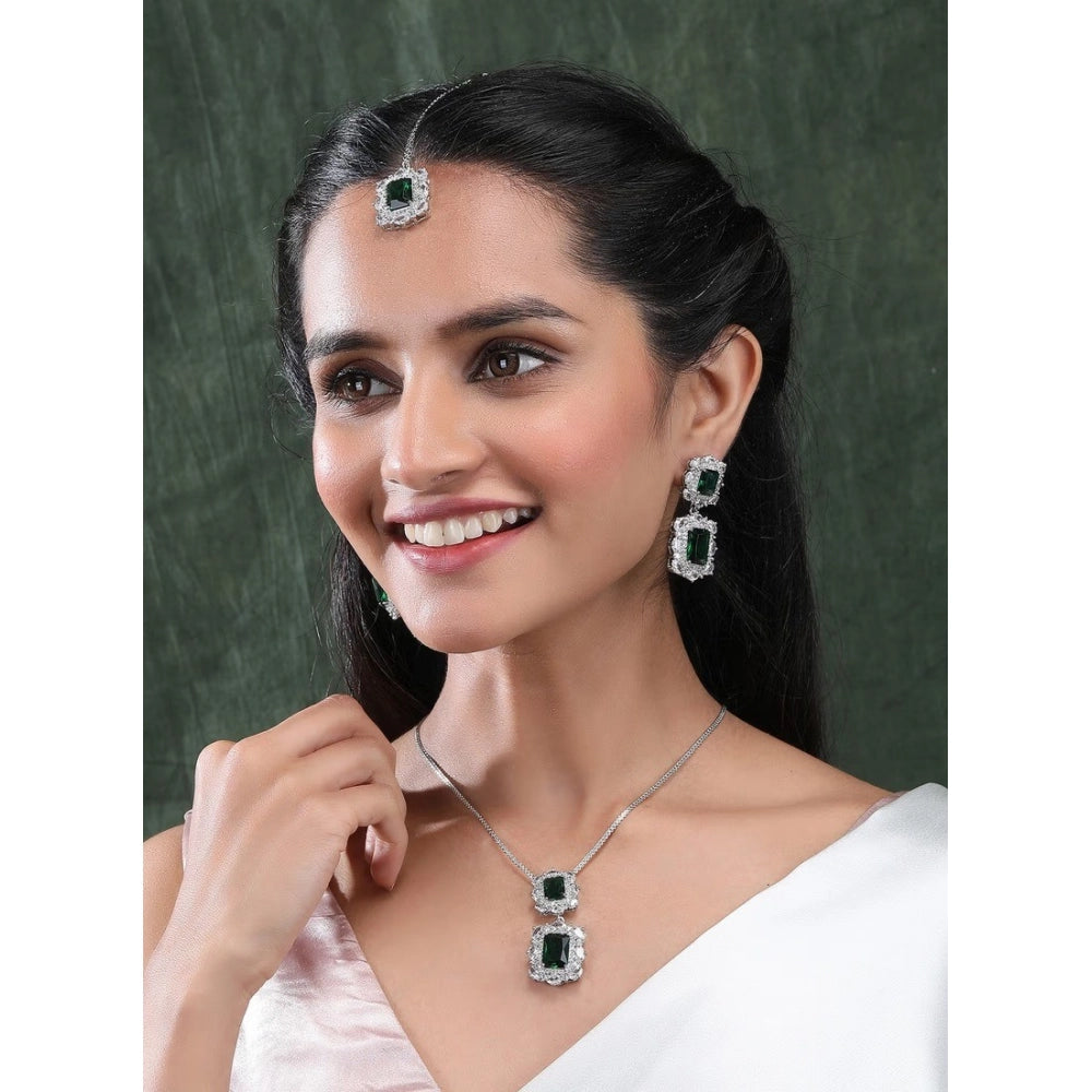 Vaystra Brass Silver Plated Pendant Set - Green,