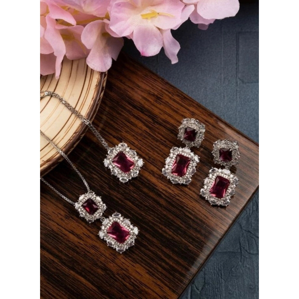 Vaystra Brass Silver Plated Pendant Set - Red,