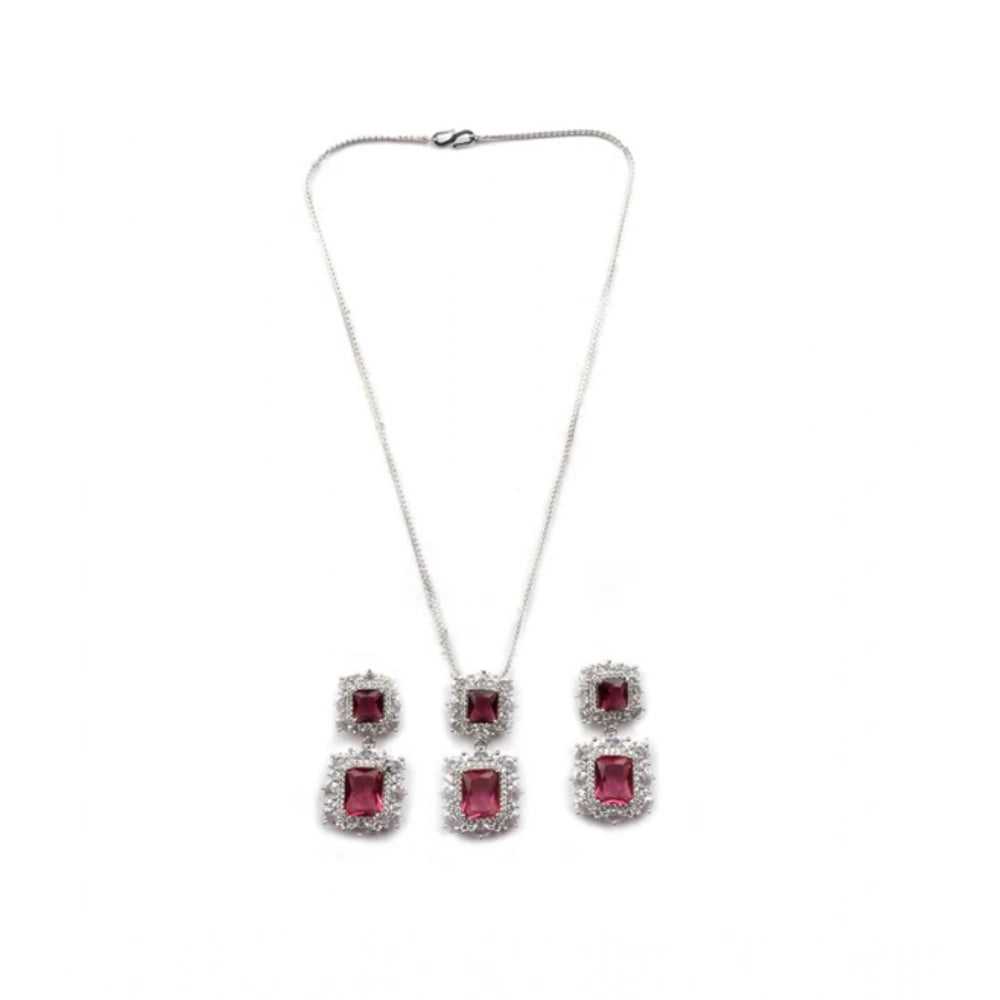 Vaystra Brass Silver Plated Pendant Set - Red,