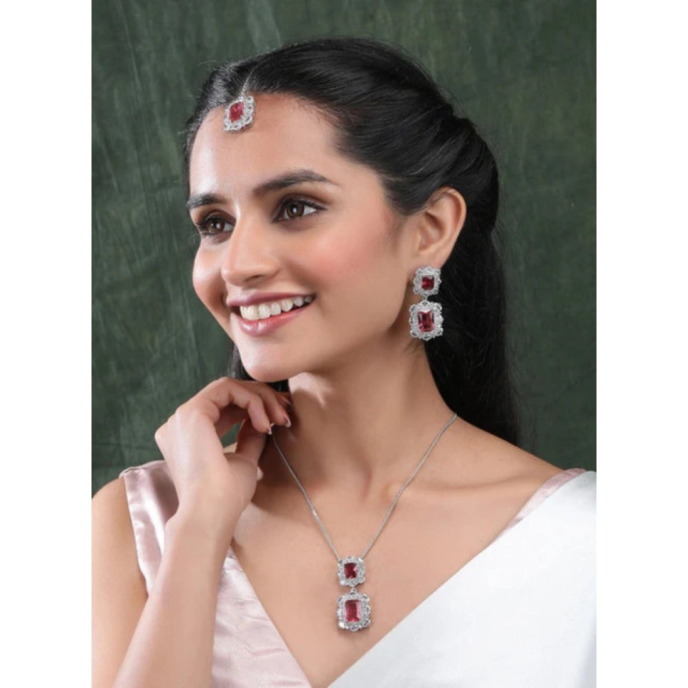 Vaystra Brass Silver Plated Pendant Set - Red,