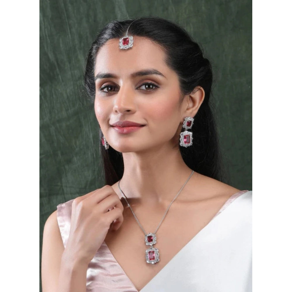 Vaystra Brass Silver Plated Pendant Set - Red,