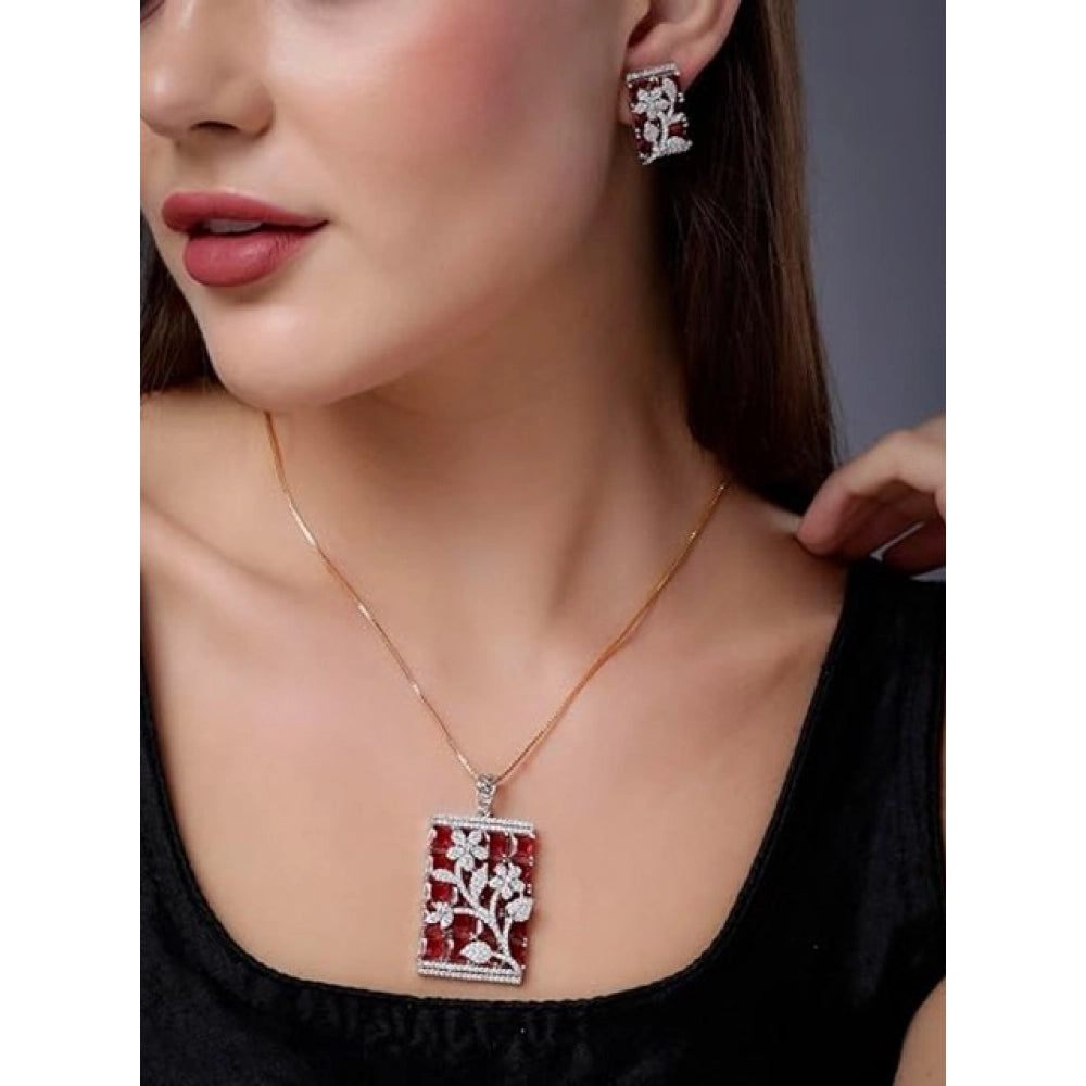 Vaystra Handcrafted Brass Silver Plated Pendant Set - Red, Edition